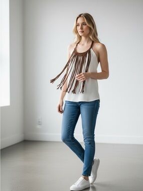 Sky Halter Top XS White with Brown Braided Fringe Boho festival